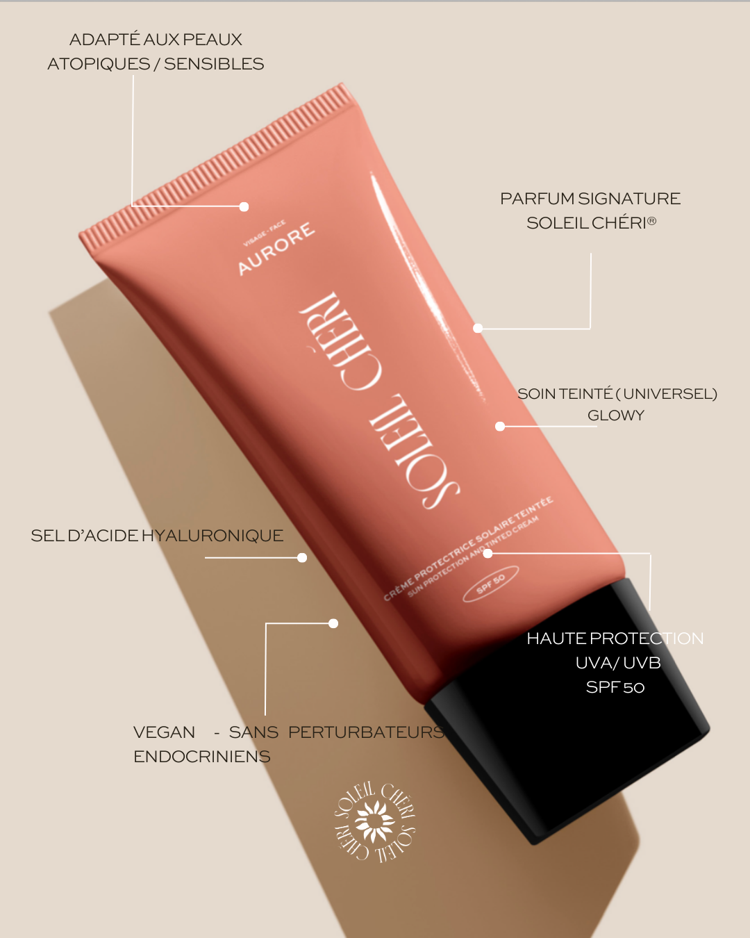 "Aurore", Crème visage légère SPF50 à l'acide hyaluronique et teintée.