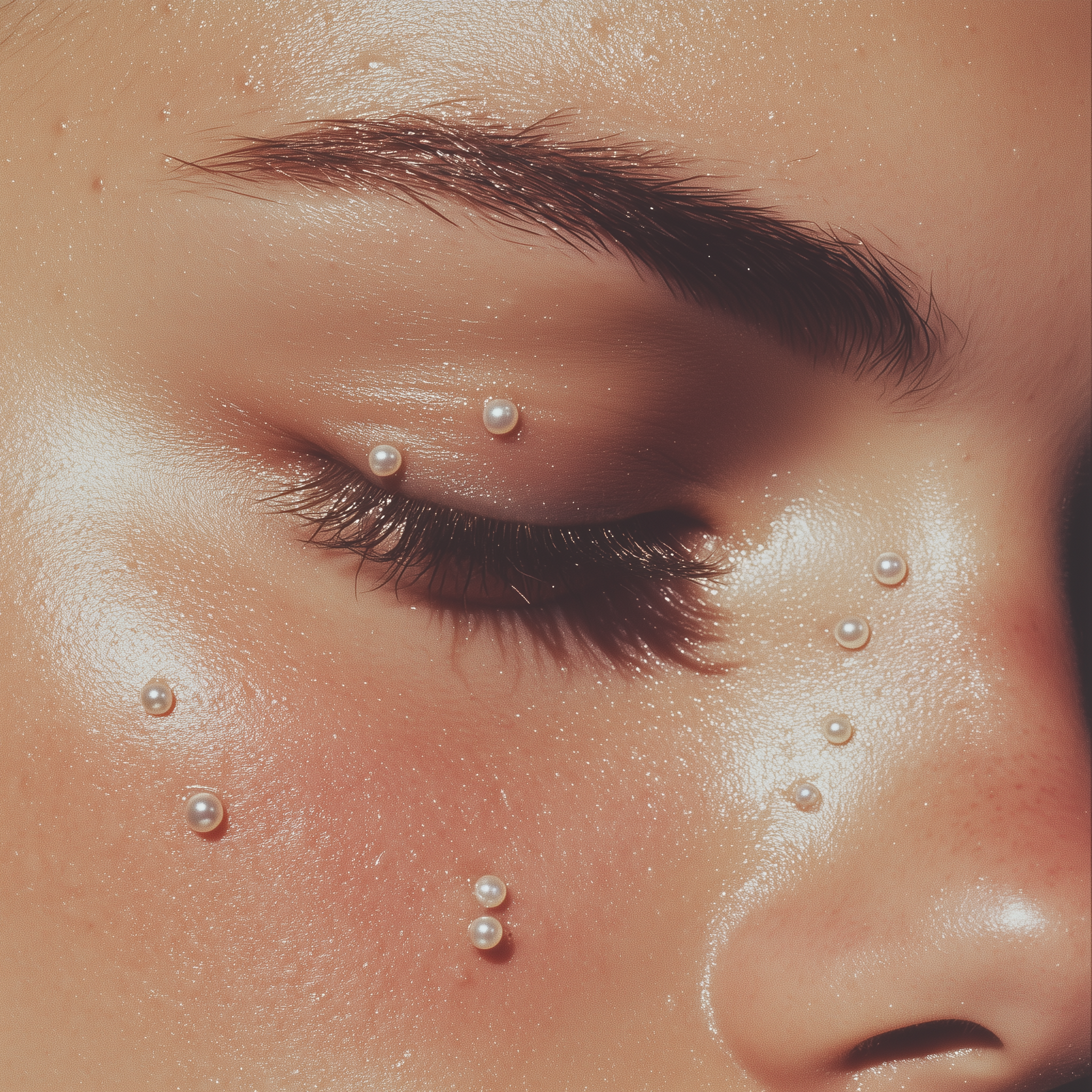 Macro d’une peau éclatante parsemée de perles, illustrant la lumière, la précision et la sensorialité des soins visage Soleil Chéri.